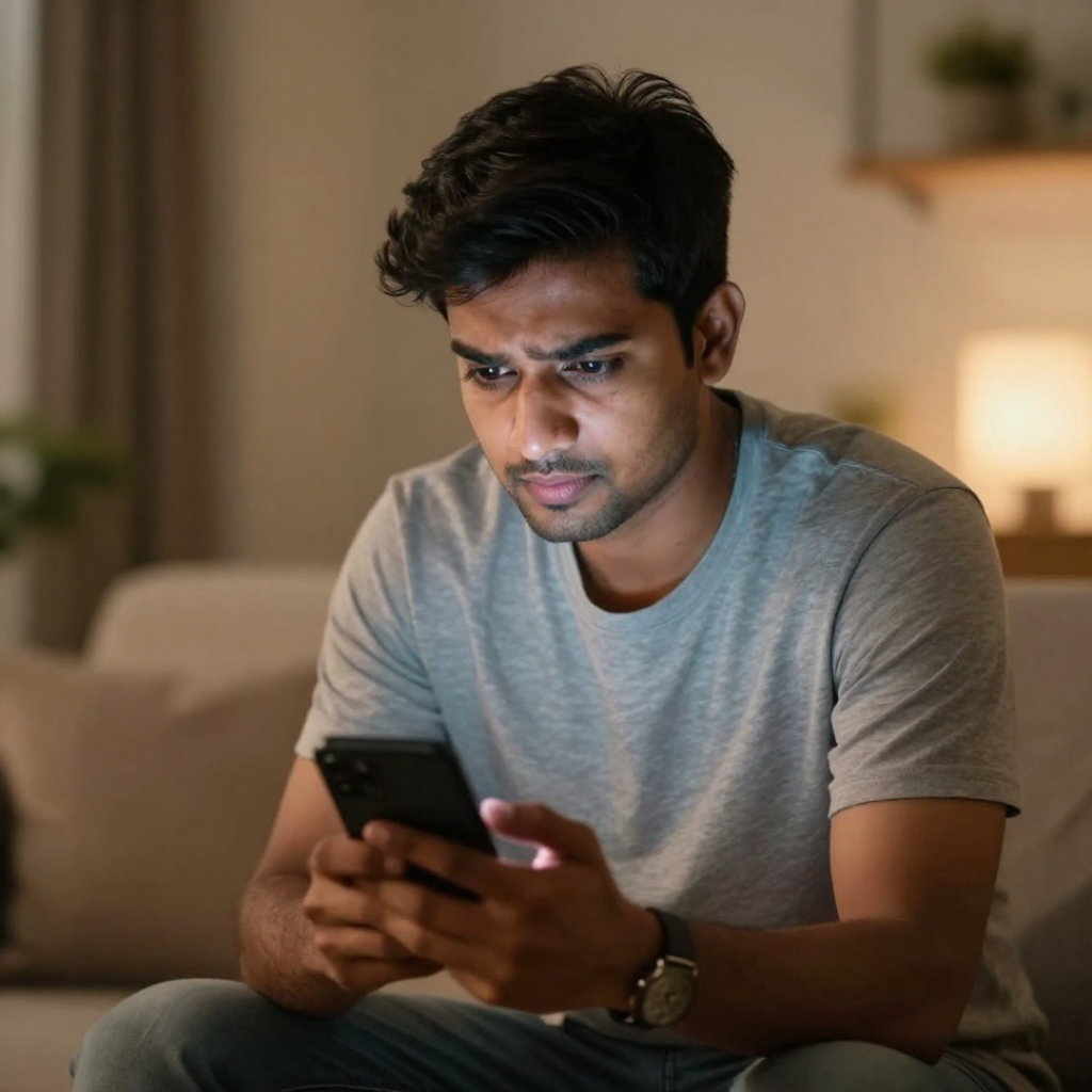 Young Indian man sitting indoors at night and looking at his mobile phone, showing the effects of excessive mobile phone use.